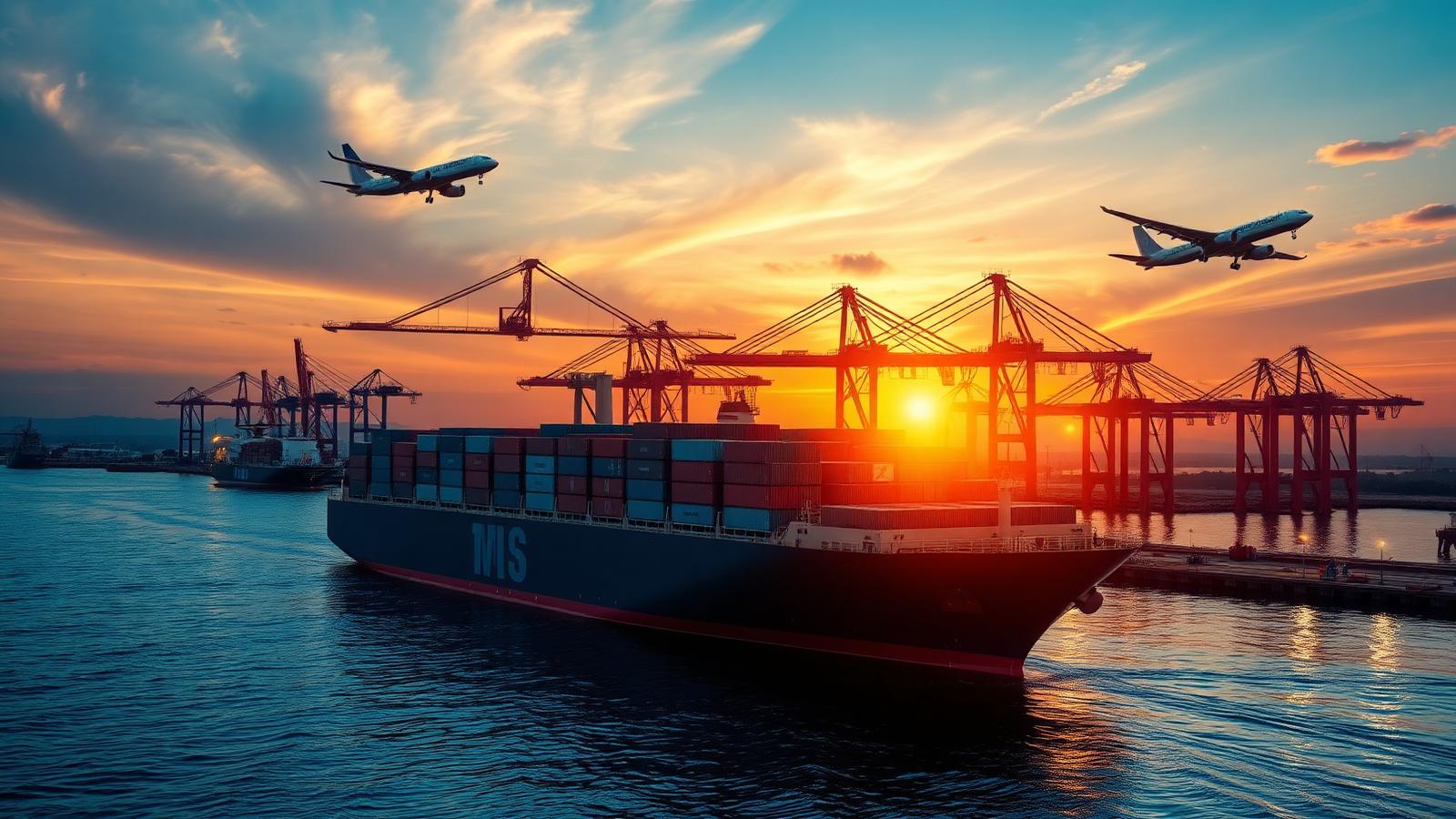 Cargo ship and airplane at port